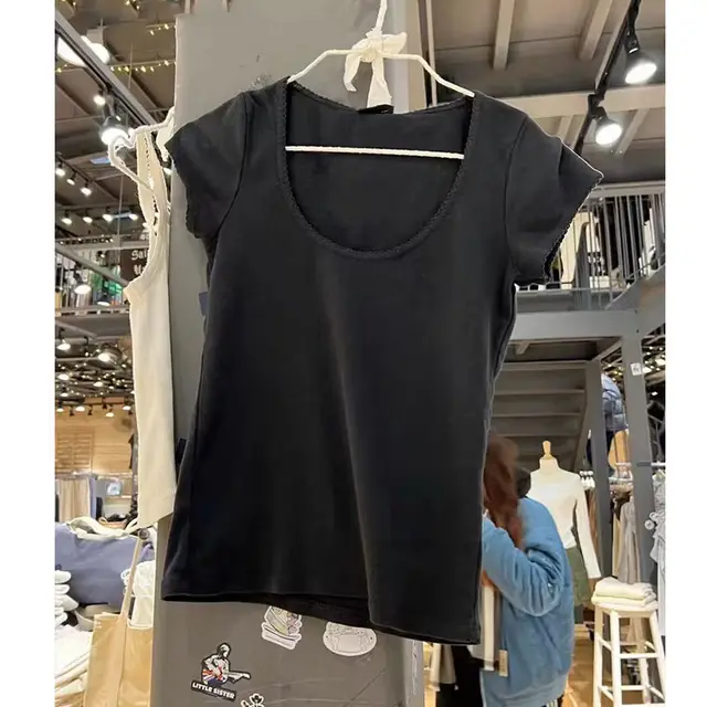 Cotton Round Neck White BM Ruffled Short Sleeves T shirt Slim Top Black - Shop at LoveMi