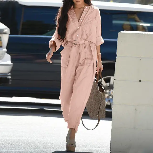 Women's Clothing Casual Polo Collar Printed Belt Cargo Overalls Pink - Shop at LoveMi
