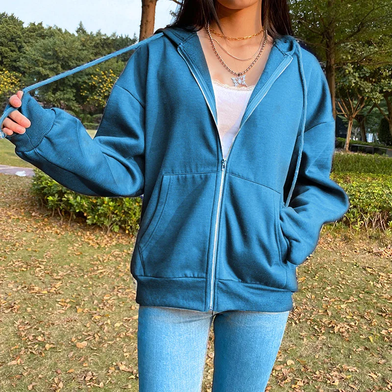 Fashion Women's Loose Street Zip Top - Sky Blue