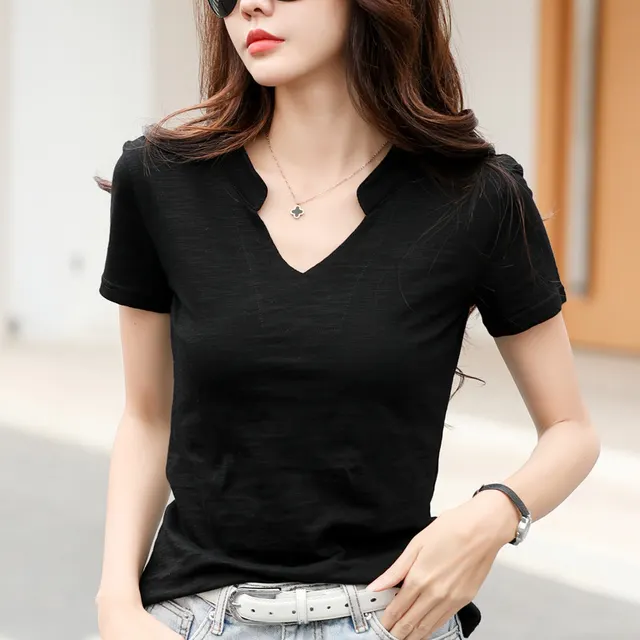 Summer Loose Short sleeved Women's T shirt Slub Cotton V neck Casual Black - Shop at LoveMi