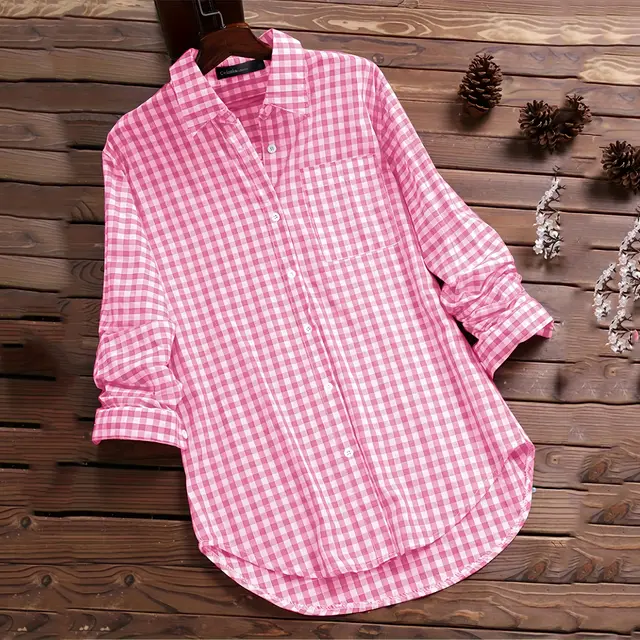 Plaid Long sleeved Long sleeved Long sleeved Shirt With Buttons For Women Pink - Shop at LoveMi