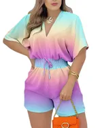 Summer European And American Short-sleeved V-neck Lace-up Jumpsuit - Color Gradient - View 1