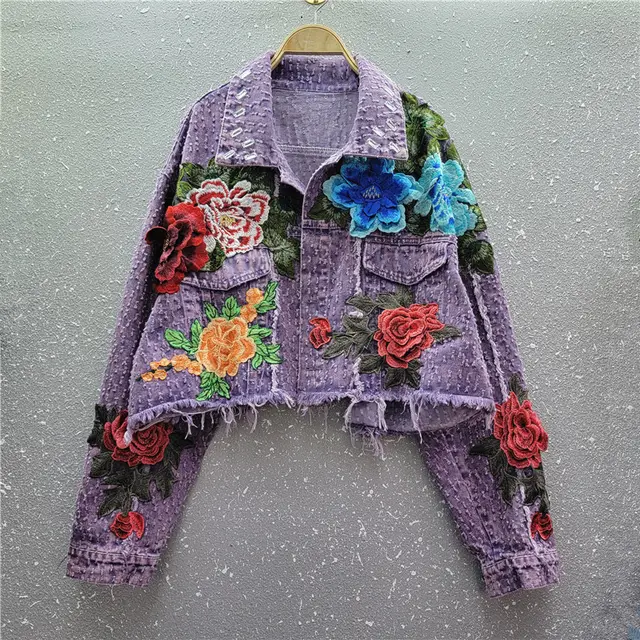 Design Sense Heavy Industry Three dimensional Flower Short Frayed Hem Casual Denim Coat Purple - Shop at LoveMi