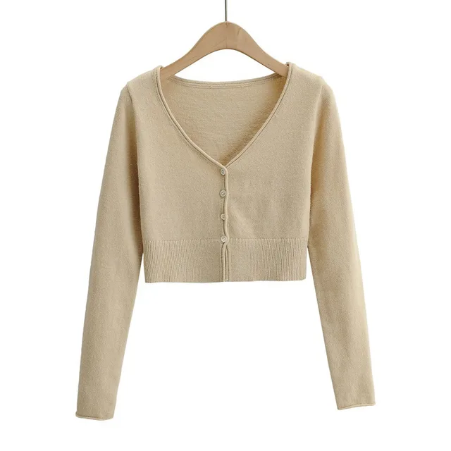 Long Sleeve Knitted Cardigan Bottoming Slim Fit Slimming Short Top Apricot - Shop at LoveMi