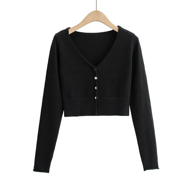 Long Sleeve Knitted Cardigan Bottoming Slim Fit Slimming Short Top Black - Shop at LoveMi