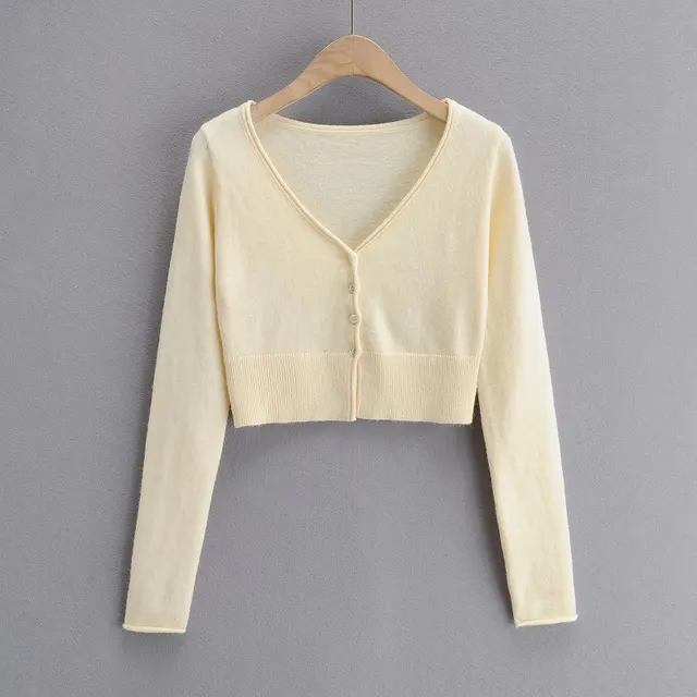Long Sleeve Knitted Cardigan Bottoming Slim Fit Slimming Short Top Milky White - Shop at LoveMi