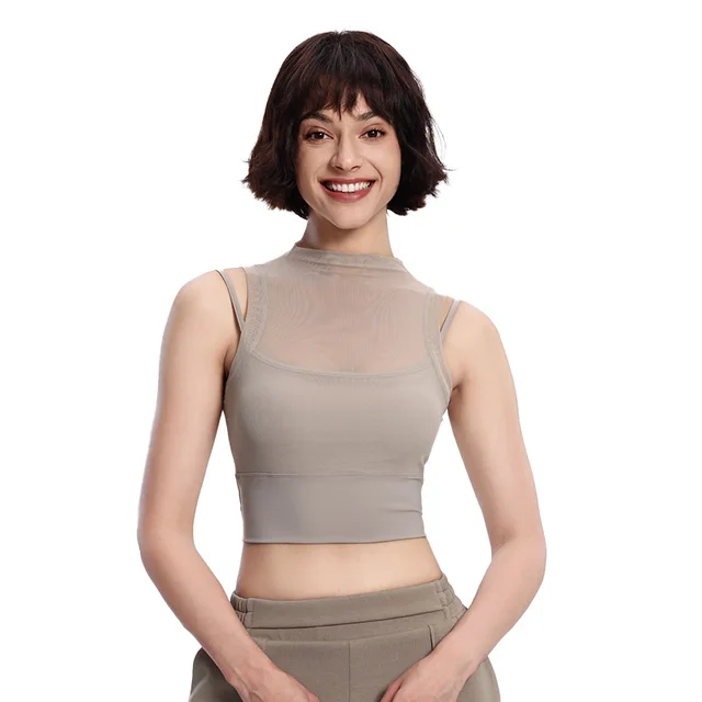 Women's Fake Two piece Mesh Breathable Top With Chest Pad Cocoa Color - Shop at LoveMi