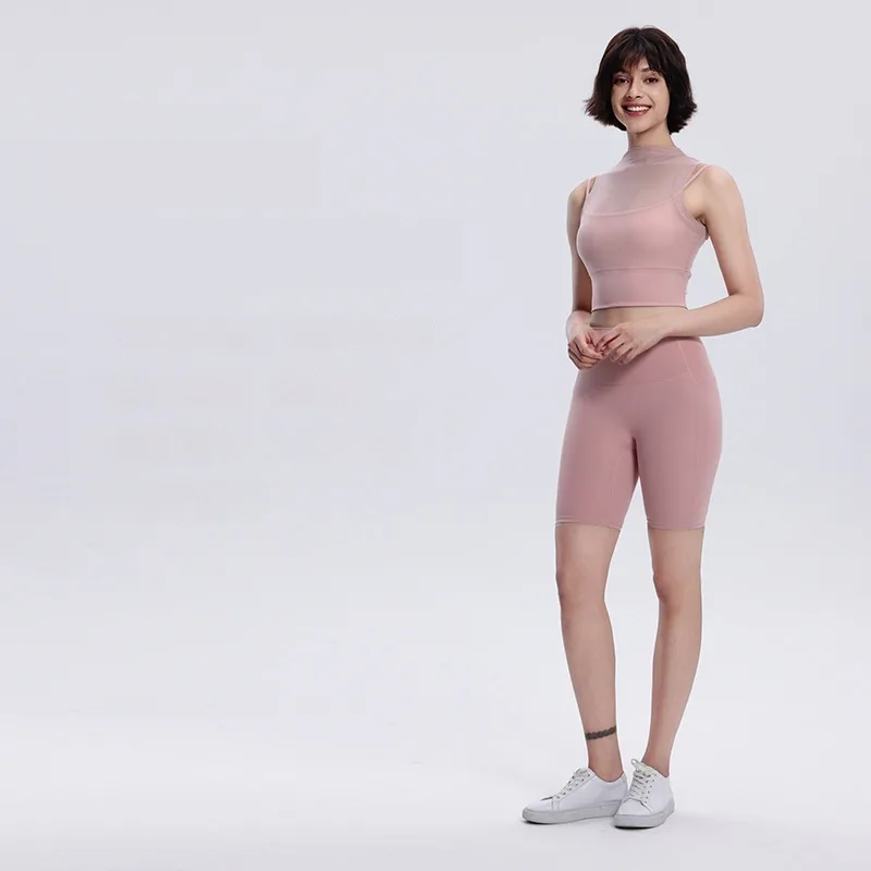 Women's Fake Two piece Mesh Breathable Top With Chest Pad Pink - Shop at LoveMi