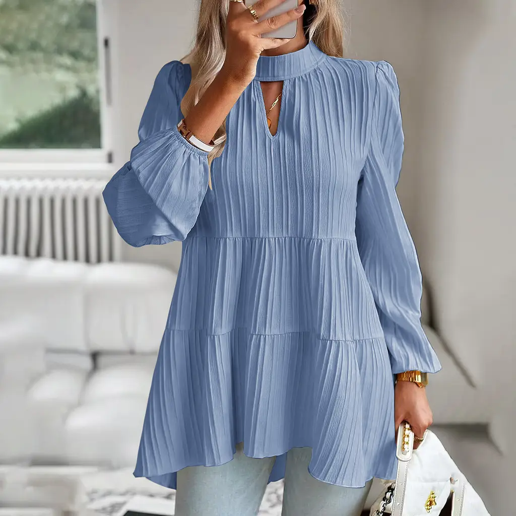 Shirt Women's Independent Stand Elegant Long-sleeved Top - Blue