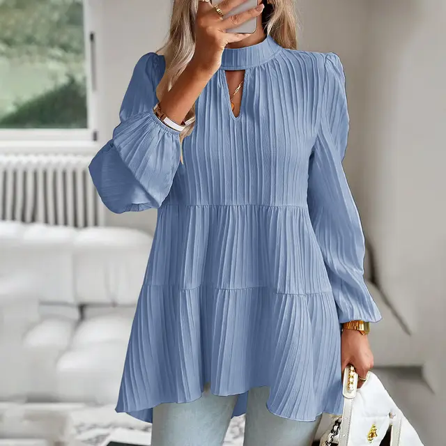 Shirt Women's Independent Stand Elegant Long sleeved Top Blue - Shop at LoveMi