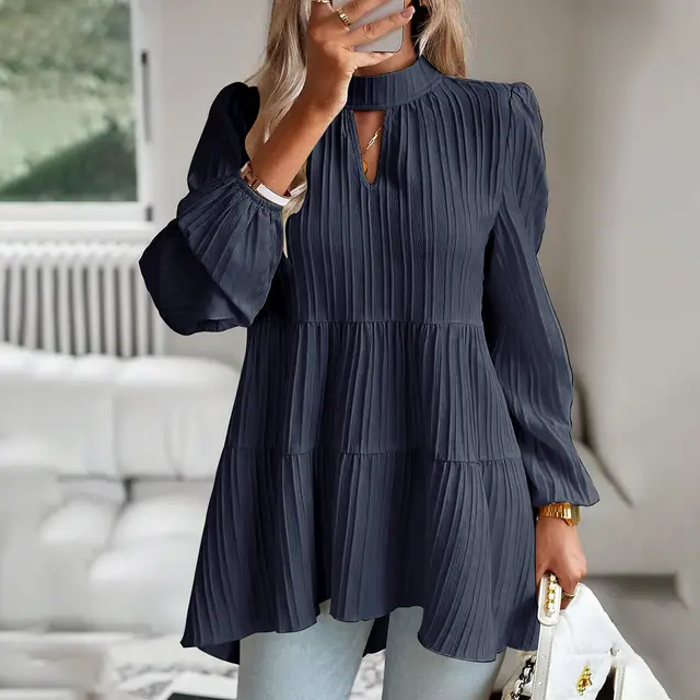 Shirt Women's Independent Stand Elegant Long sleeved Top Navy Blue - Shop at LoveMi