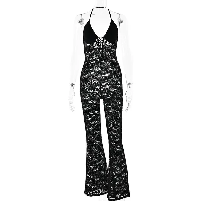 Hollow out Lace See through Backless Halter Slim fit One piece Trousers Black - Shop at LoveMi
