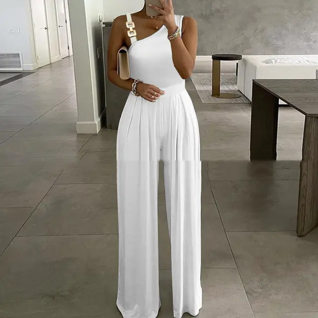 Women's Metal Buckle Vest Top High Waist Wide Leg Jumpsuit White - Shop at LoveMi