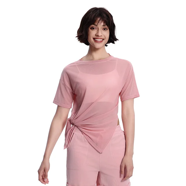 Summer Yoga Short Sleeve Women's Mesh Side Slit Pink - Shop at LoveMi