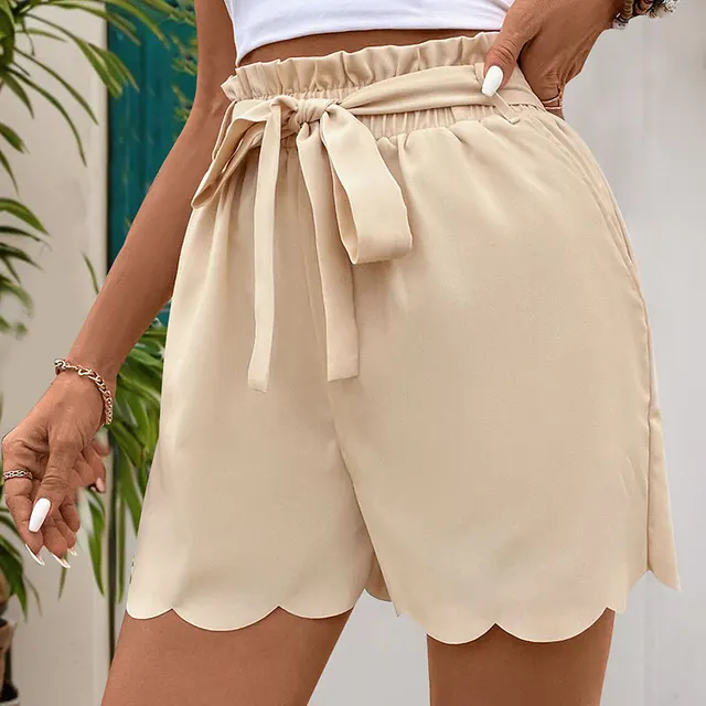 Lace up Scalloped Solid Color Shorts For Women Khaki - Shop at LoveMi