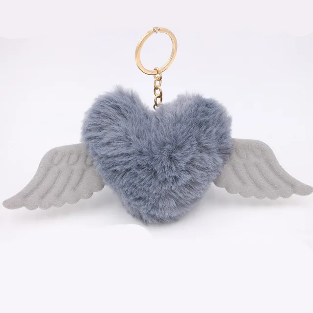 Peach Heart Wings Heart Wool Ball Keychain Pendant Dark Gray - Shop at LoveMi