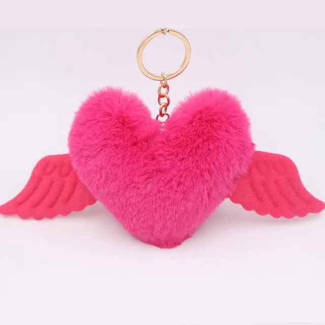 Peach Heart Wings Heart Wool Ball Keychain Pendant Rose Red - Shop at LoveMi