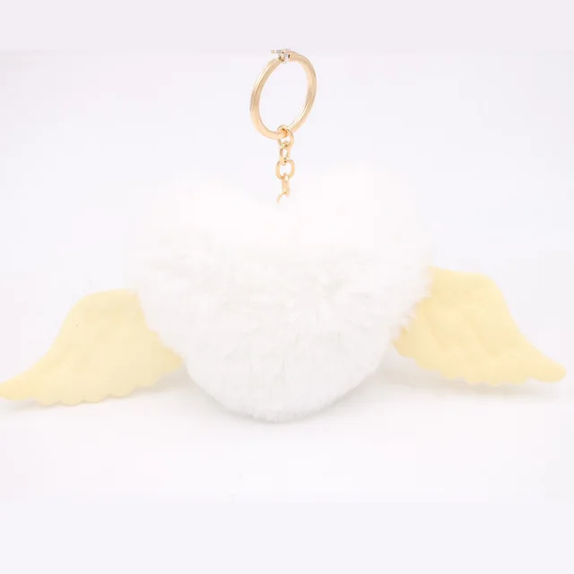 Peach Heart Wings Heart Wool Ball Keychain Pendant White - Shop at LoveMi