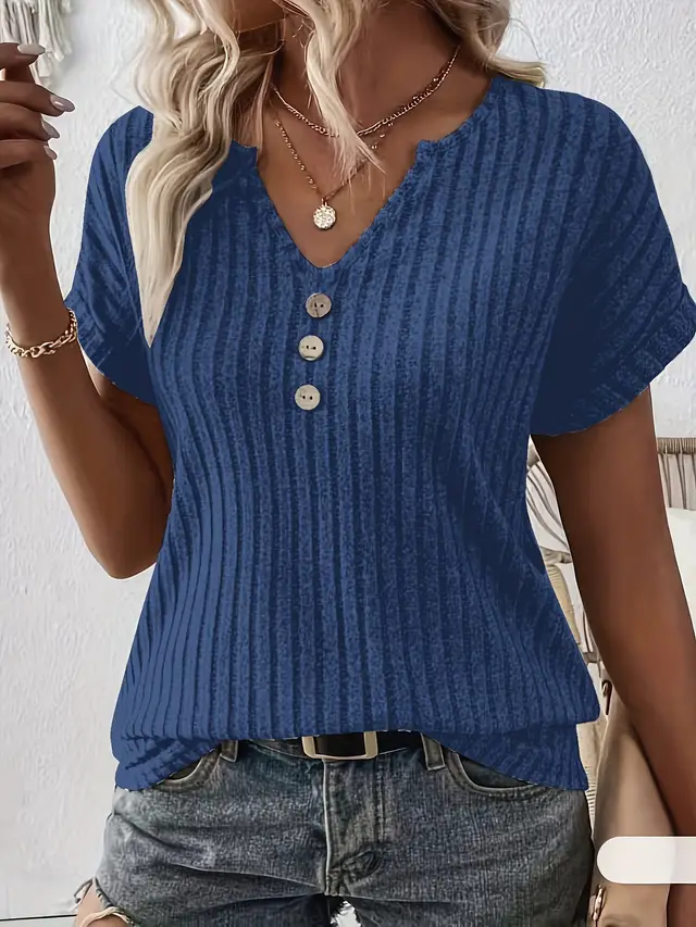 Casual Elegant Cashmere Sunken Stripe Short Sleeve T shirt Blouse Top Blue - Shop at LoveMi