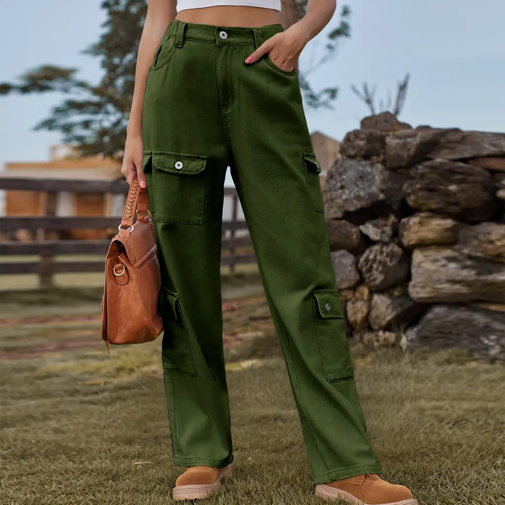 American Washed Semi-elastic Design Personality Denim Workwear Casual Pants - Army Green