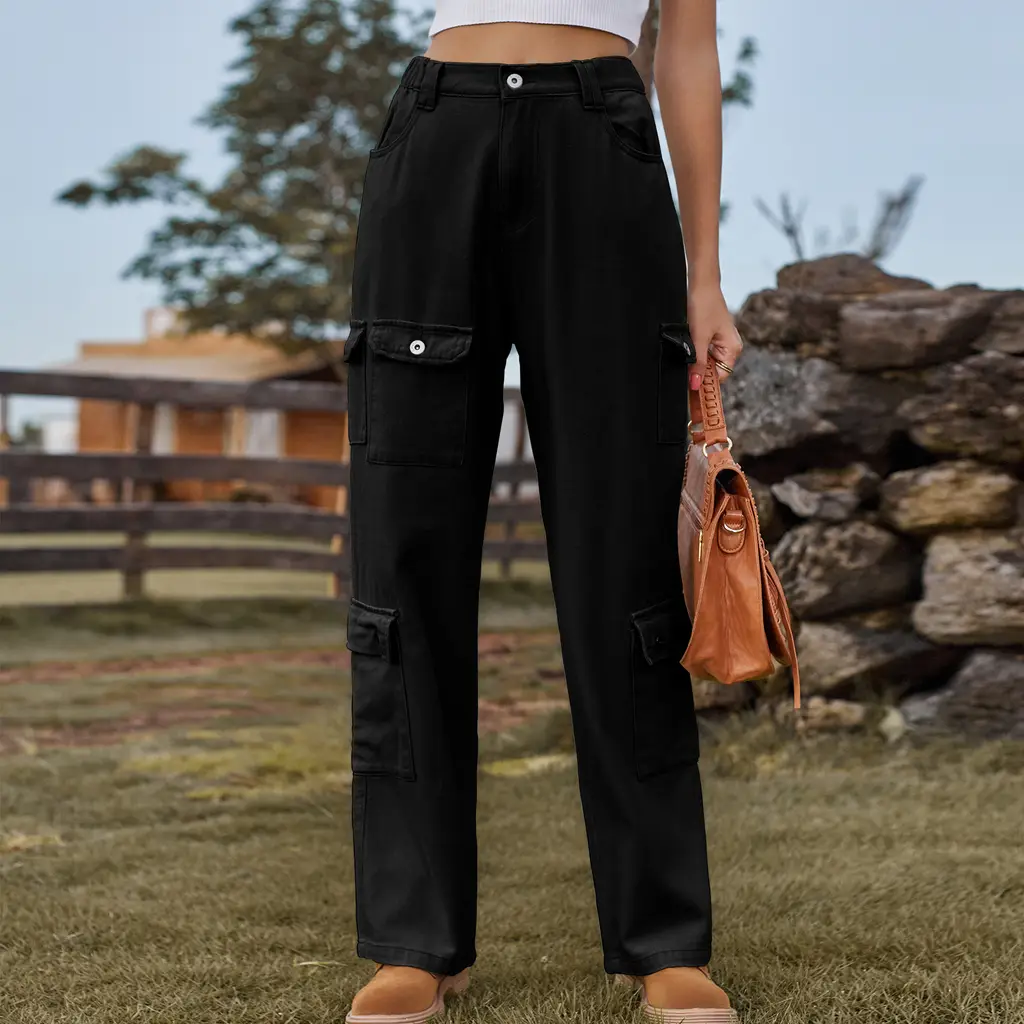 American Washed Semi-elastic Design Personality Denim Workwear Casual Pants - Black