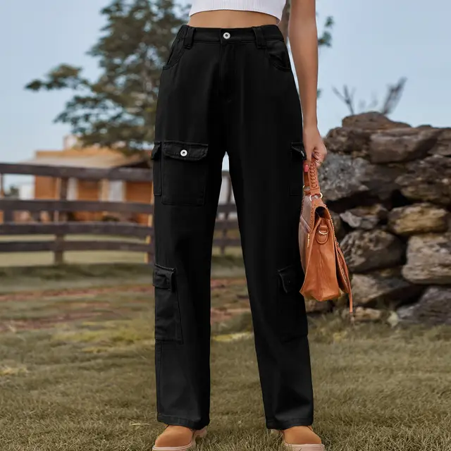 American Washed Semi elastic Design Personality Denim Workwear Casual Pants Black - Shop at LoveMi