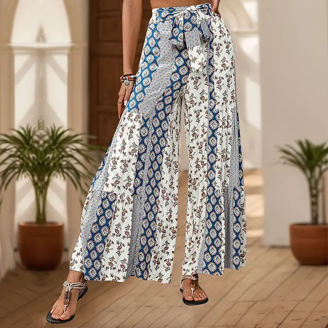 Women's Fashion Casual Ethnic Style Wide leg Trousers Blue - Shop at LoveMi