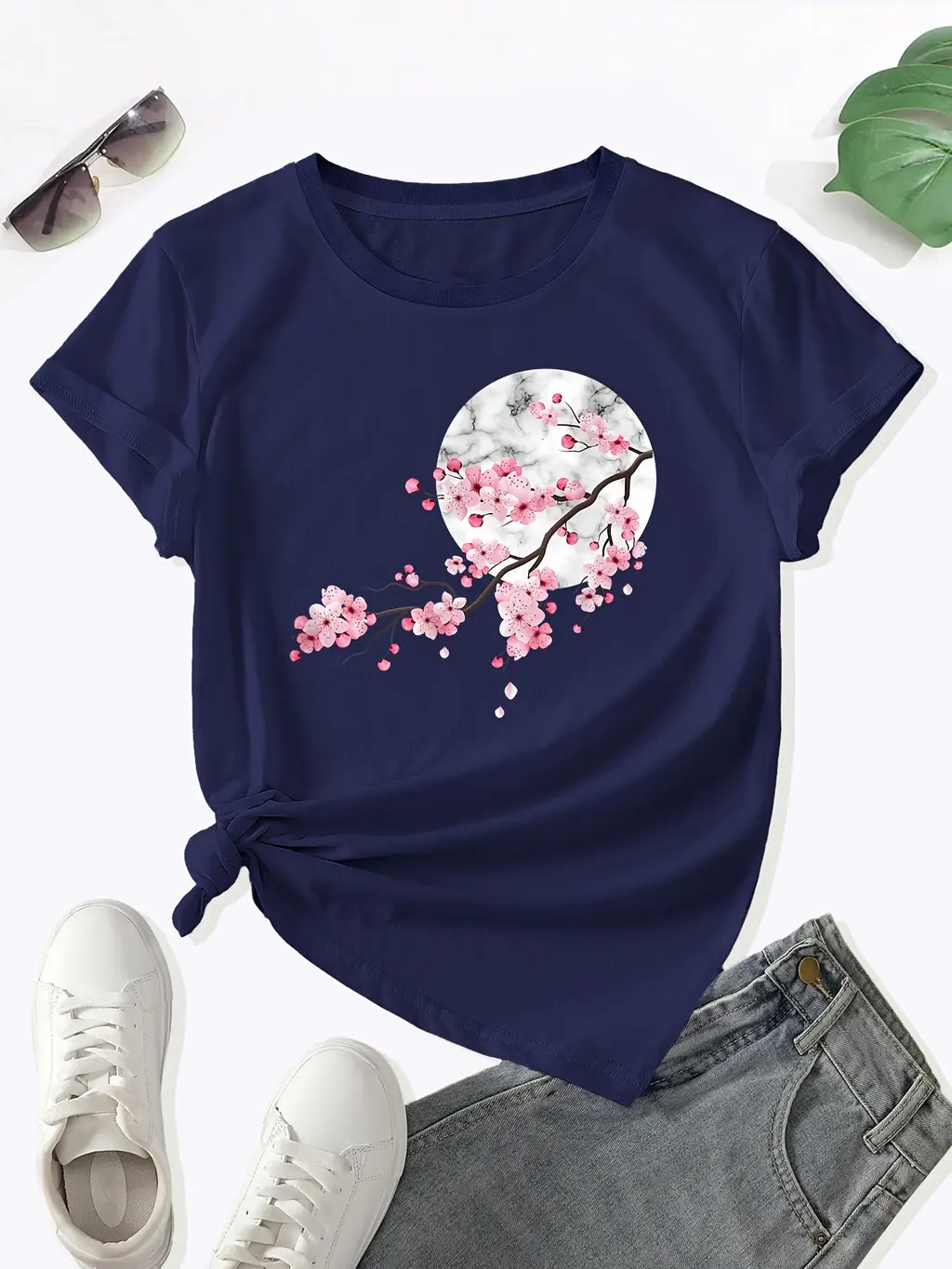 Women's New Printed Round Neck T-shirt - Navy Blue