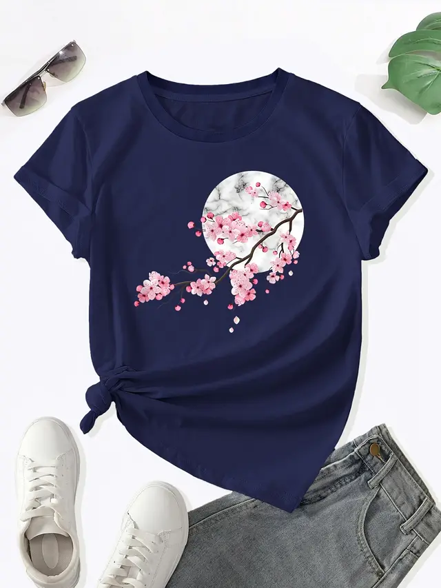 Women's New Printed Round Neck T shirt Navy Blue - Shop at LoveMi