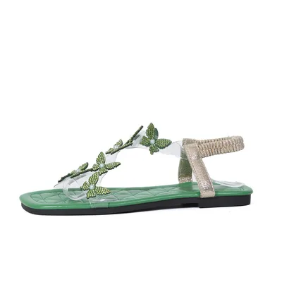 New Butterfly Rhinestone Sandals Summer Square Toe Flat Shoes For Women Green - Shop at LoveMi