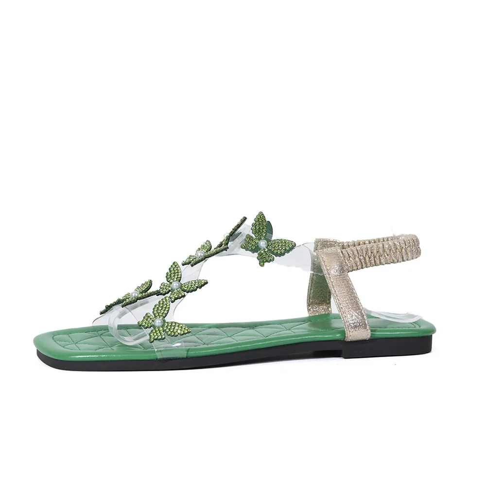 New Butterfly Rhinestone Sandals Summer Square Toe Flat Shoes For Women - Green