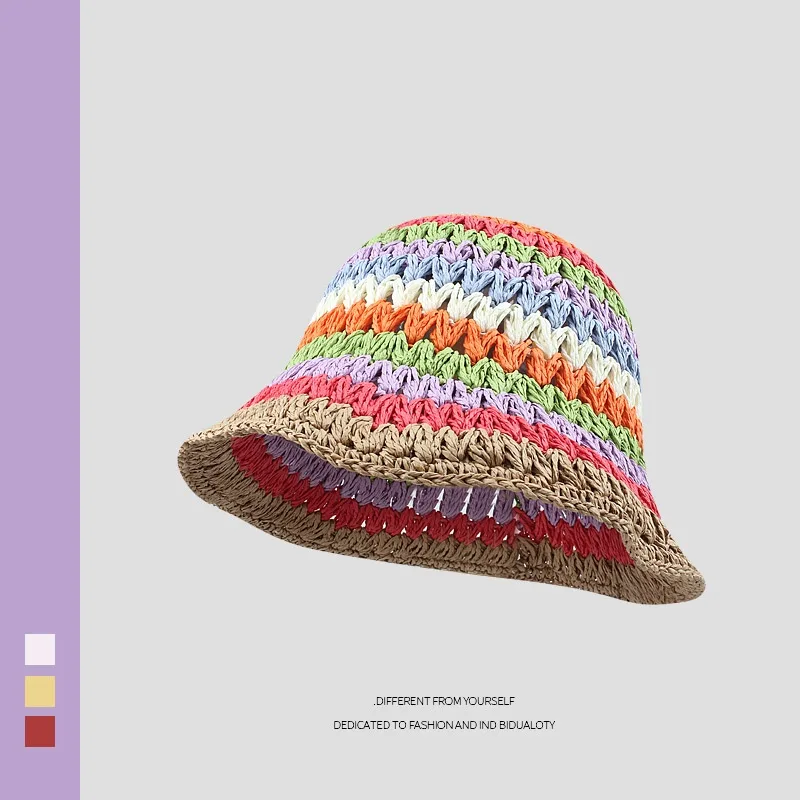 Rainbow Straw Bucket Hat Bucket Hat - B Brown