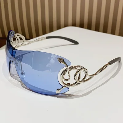 Lingsnake Metal Frameless Integrated Personality Entry Lux Sunglasses Internet Celebrity Silver Frame Blue Lens - Shop at LoveMi
