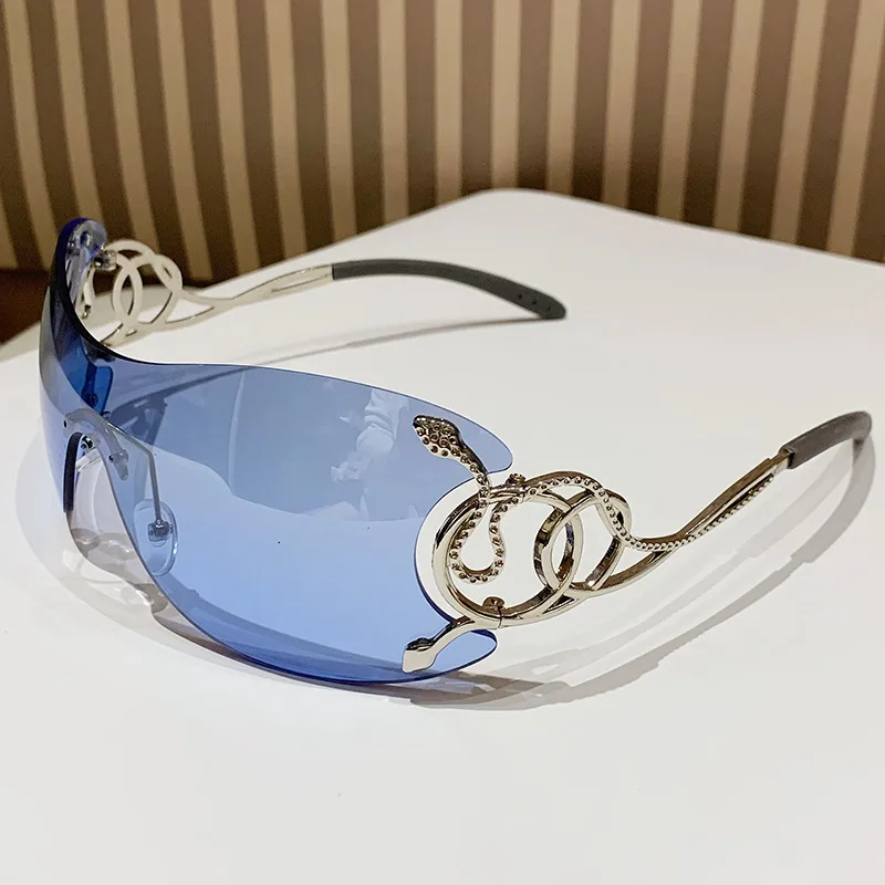 Lingsnake Metal Frameless Integrated Personality Entry Lux Sunglasses Internet Celebrity - Silver Frame Blue Lens