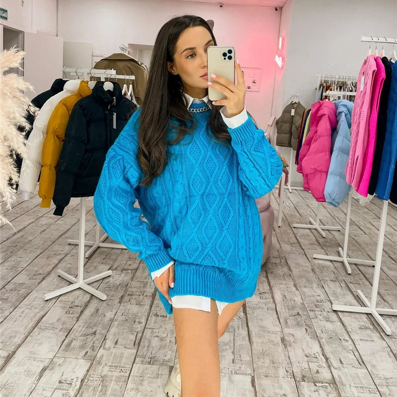Round Neck Hip Twist Casual Loose Dress Sweater Lake Blue - Shop at LoveMi