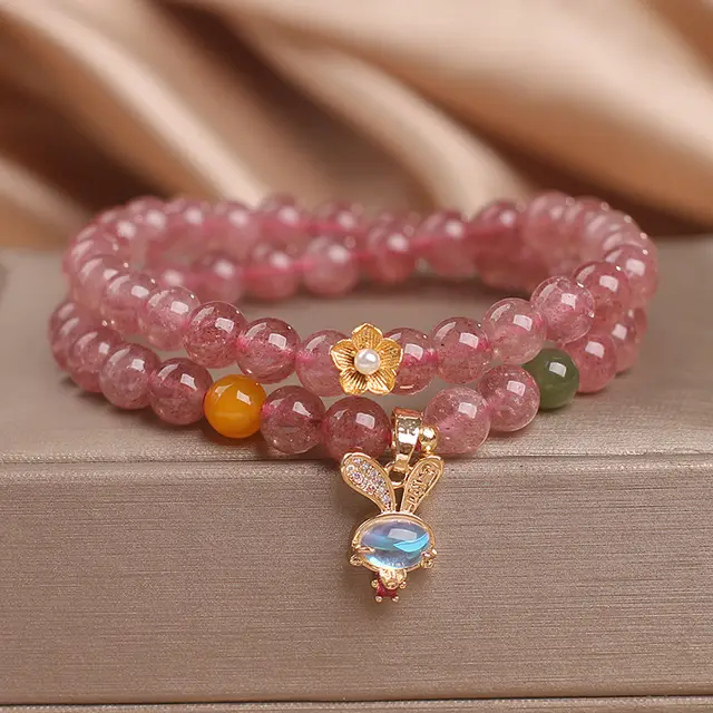 Natural Strawberry Quartz Double Ring Bracelet Female Special interest Design Rabbit Pendant Red - Shop at LoveMi