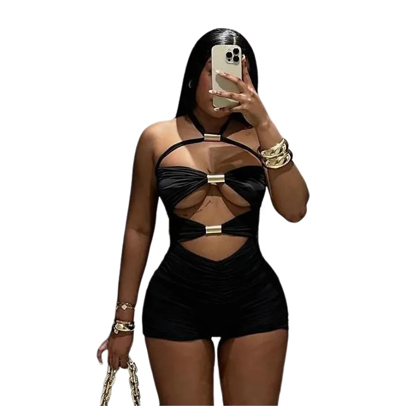 Street Women's Hollow out Sleeveless Halter Lace up Jumpsuit Black - Shop at LoveMi