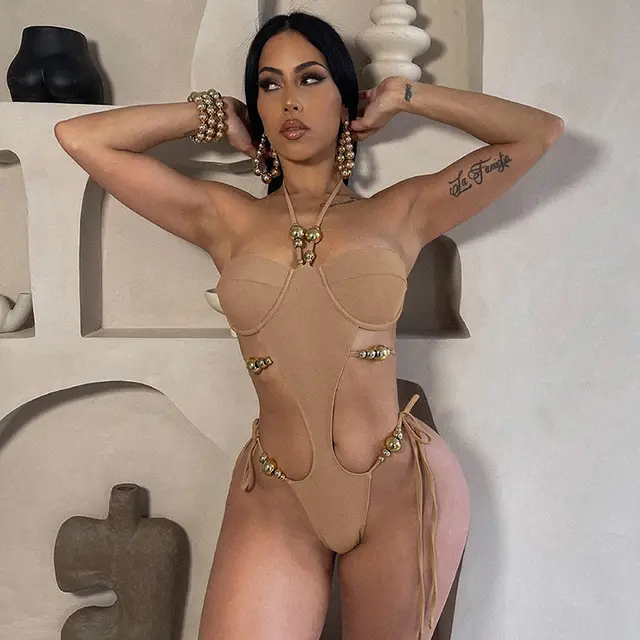 Women's Hollow Backless High Waist Lace up Jumpsuit Khaki - Shop at LoveMi