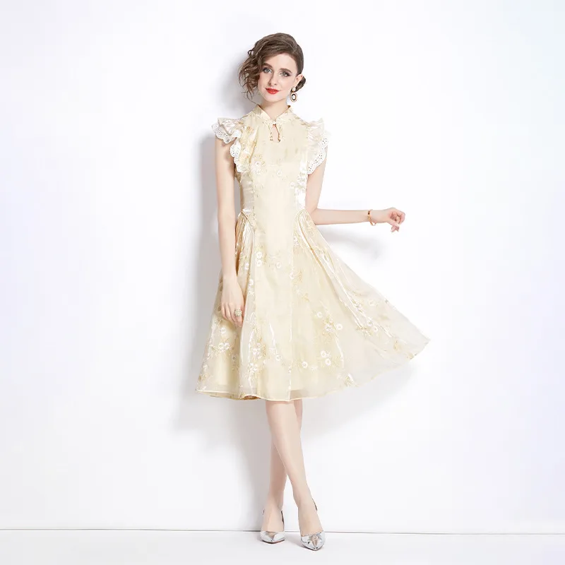 Guofeng Improved Embroidery Cheongsam And Dress Apricot - Shop at LoveMi