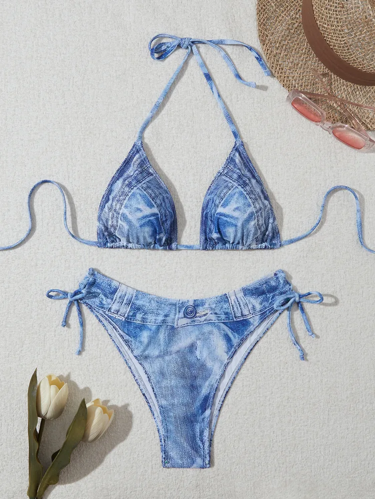 Women's Denim Printed Sexy Strap Bikini Suit Blue - Shop at LoveMi