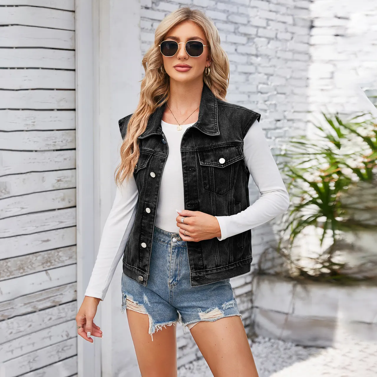 Denim Waistcoat Vest Top For Women - Black And Grey