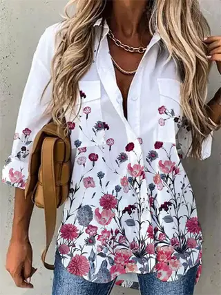 Women's Digital Printing Long Sleeve Shirt Top - Lakeside Flower