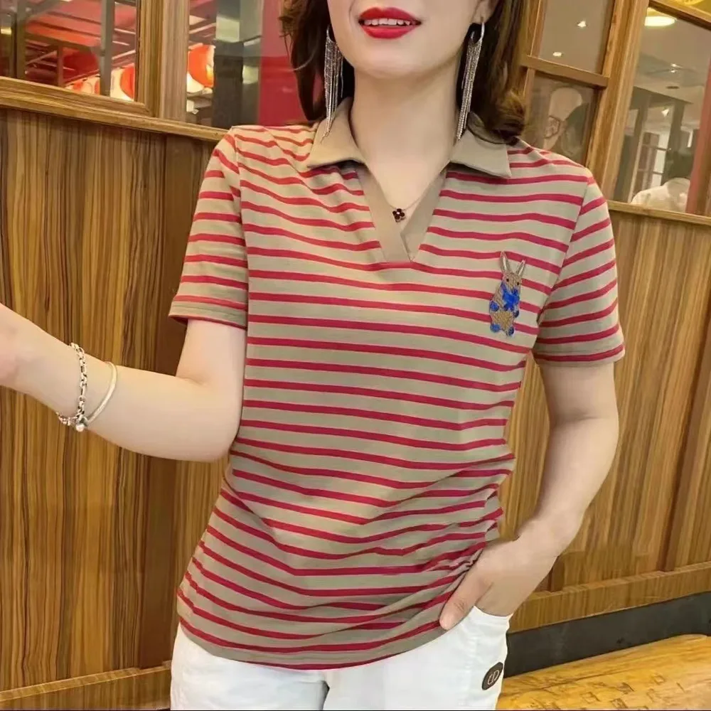 Striped Short sleeved V neck T shirt Summer Slimming Versatile Bottoming Shirt 2313 Red - Shop at LoveMi