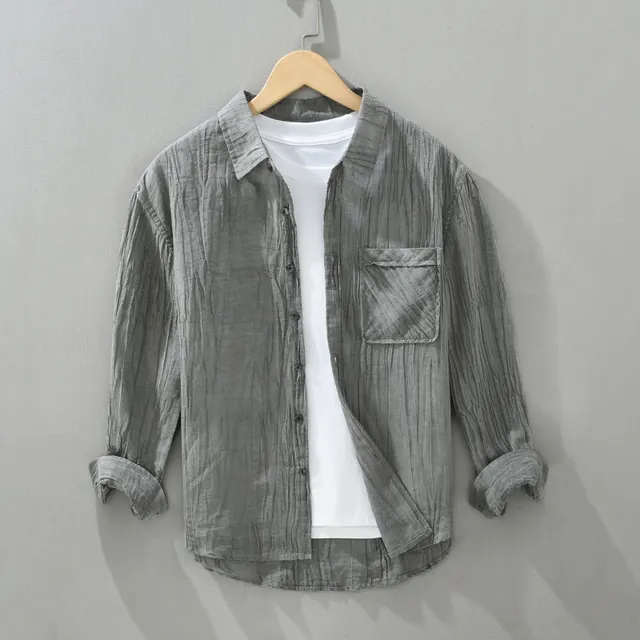 Pleated Lapel Long Linen Sleeves Retro Solid Color Casual Loose Youth Cotton Linen Shirt Light Gray - Shop at LoveMi
