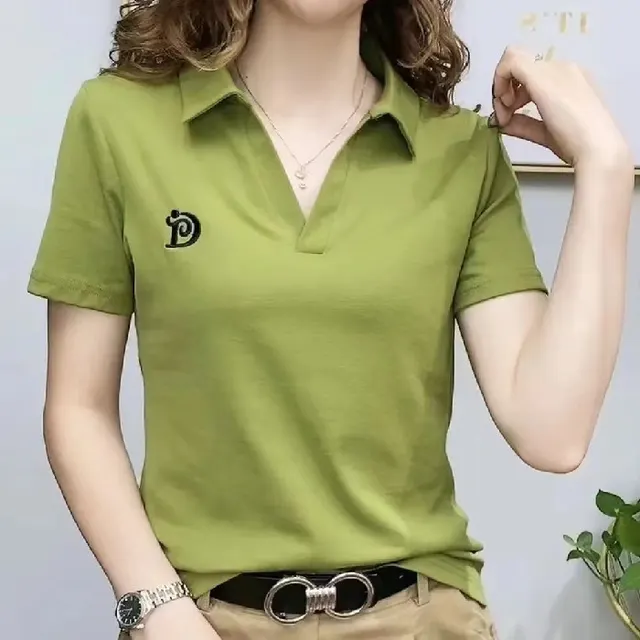 Women's V neck Short sleeved High end Western Style Youthful looking Casual Top 2171 Green - Shop at LoveMi