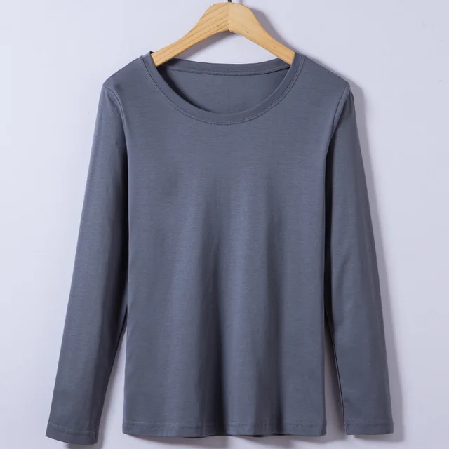 Mercerized Cotton Trendy Women's T shirt Long Sleeve Round Gray - Shop at LoveMi
