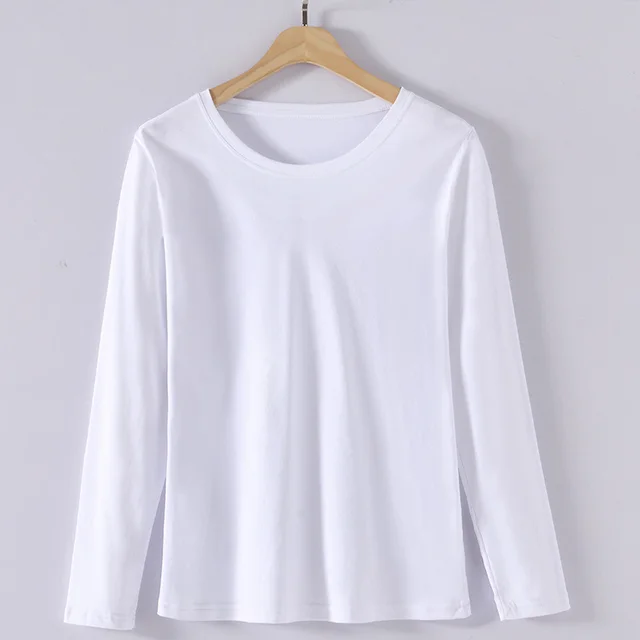 Mercerized Cotton Trendy Women's T shirt Long Sleeve Round White - Shop at LoveMi