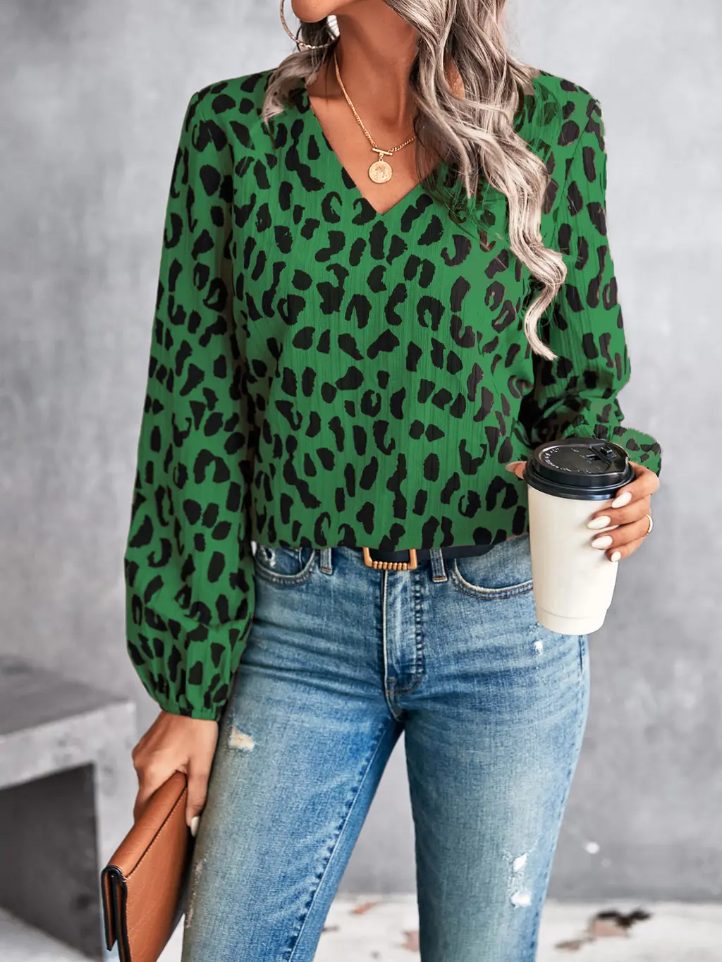 Elegant V-neck Shirt Top - Green