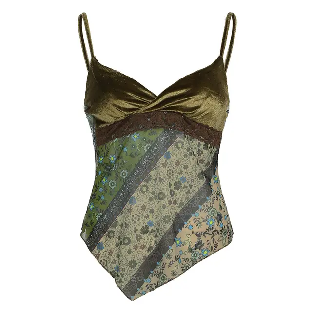 Vintage Printed Velvet Stitching Tied Irregular Spaghetti strap Niche Sexy A Swing Slim Vest Green - Shop at LoveMi