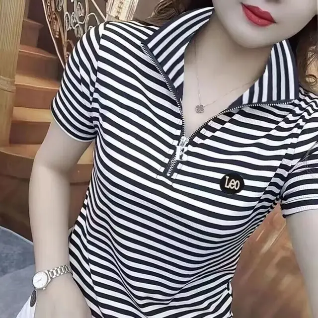 Letter Embroidery Stand up Collar Short sleeved T shirt Shoulder Black And White Stripes - Shop at LoveMi